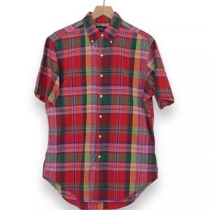 Polo by Ralph Lauren Red Green Orange Madras Plaid Short Sleeve Button Down L